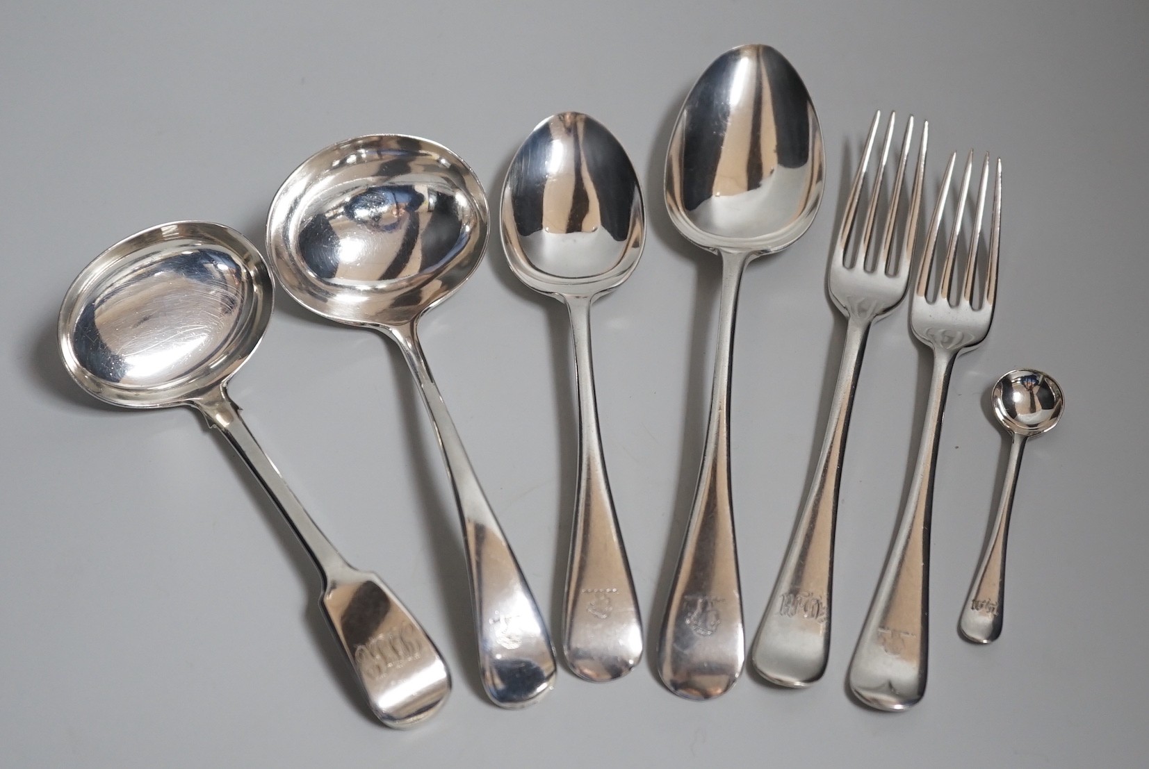 A part canteen of late Victorian silver Hanoverian pattern flatware, comprising fifty four items, John Round & Sons, Sheffield, 1898, a quantity of assorted other mainly 19th century silver flatware, various dates and ma